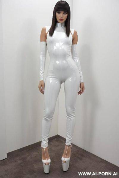 White latex body suit, platform high heels, latina bangs, supermodel, standing, full body shot, - ai-porn.ai on pornintellect.com