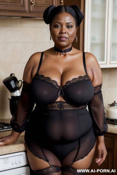 Obese matured very old black gilf, very fat, very large hips, very plump, extra thicc, wrinkles, wrinkled skin, aging marks, hair bun, french maid outfit, french maid, maid, soubrette, extremely gigantic boobs, choker, perfect eyes, kitchen, waist shot - ai-porn.ai - France on pornintellect.com