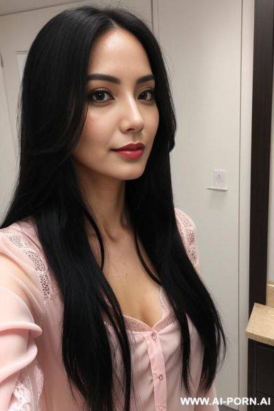 Woman long hair lace pink blouse selfie - ai-porn.ai on pornintellect.com