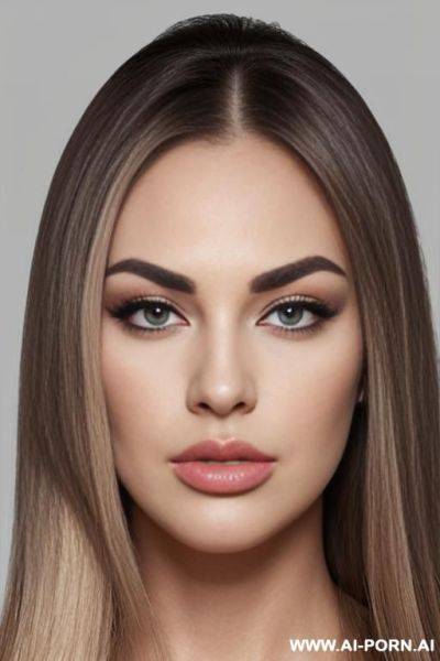 Face view only. pouting lips, blonde straight hair, chubby rectanglar face, square jaw, dark eye shw and eyebrows. long nose. big eyelashes. straight, eyebrows. looking straight at the camera. - ai-porn.ai on pornintellect.com