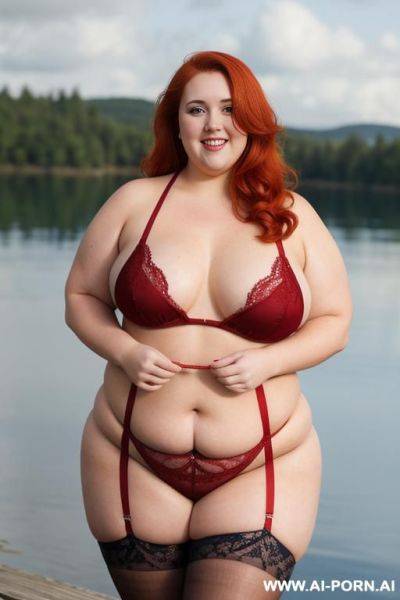 Half body photo shot, about at blue lake, obese bbw curvy with love handless and tummy, she is 1, wearing a sexy and hot ((red)) stocking lingerie. she is so obese, standing with legs slightly apart. - ai-porn.ai on pornintellect.com