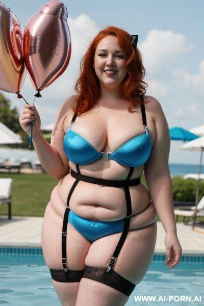 Half body photo shot, about a pool party at morning with music, balloons and foam, obese fat bbw with love handless and tummy, wearing a sexy and hot blue garter belt stocking lingerie in topless - ai-porn.ai on pornintellect.com