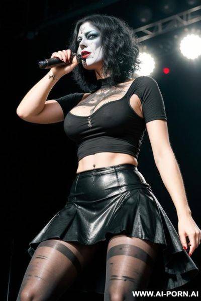 A metalhead woman wearing a long skirt and a tight shirt. she has corpspaint on her face. her hair is short and black. her tights are juicy and her breasts are big and hanging down. a concert can be seen in the background. - ai-porn.ai on pornintellect.com