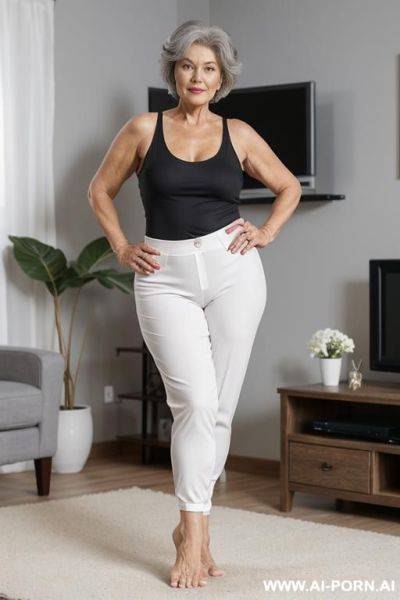 0 year old grandmother, full body, standing, short grey hair, lady, clearly visible age marks, triangular hips, thick thighs, hands on hips, wide white flowered pants, black tank top, bare feet, living room in front of the television - ai-porn.ai on pornintellect.com