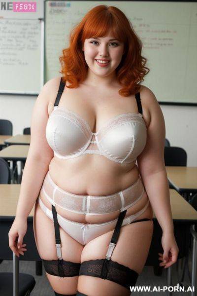 Half body photo shot, about at classroom, obese fat bbw with love handless and tummy, wearing a sexy and hot garter belt lingeries and a ruffle microskirt - ai-porn.ai on pornintellect.com