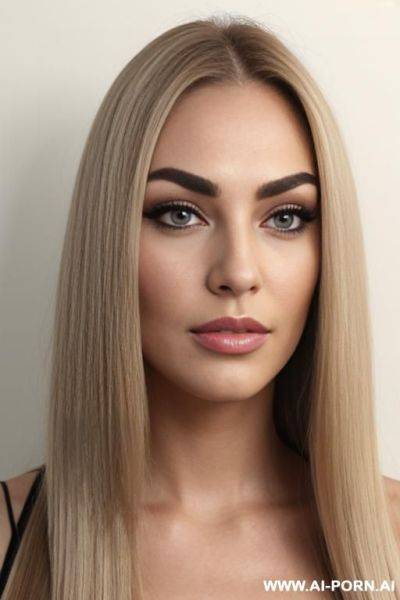 Face view only. front view. blonde straight hair, chubby rectanglar face, dark eye shw and eyebrows. long, ended pointy nose. big eyelashes. straight eyebrows. looking straight down the camera. - ai-porn.ai on pornintellect.com