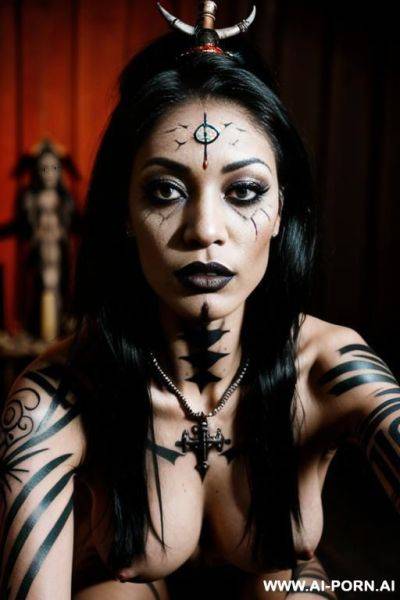 ((voodoo priestess)), (dominant face, dark makeup), (voodoo tattoos), (completely naked, kneeling over camera, arms bound behind), (voodoo scene), (pov, closeup on pussy) - ai-porn.ai on pornintellect.com
