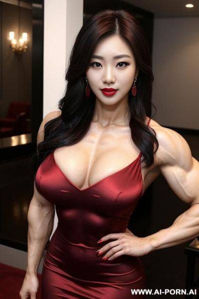 Korean, k-pop idol, ((extremely muscular)), female bodybuilder, biceps, beautiful face, makeup, muscular pecs, muscular shoulders, biceps, seductive, lipstick, elegant dress, red wine, - ai-porn.ai - North Korea on pornintellect.com