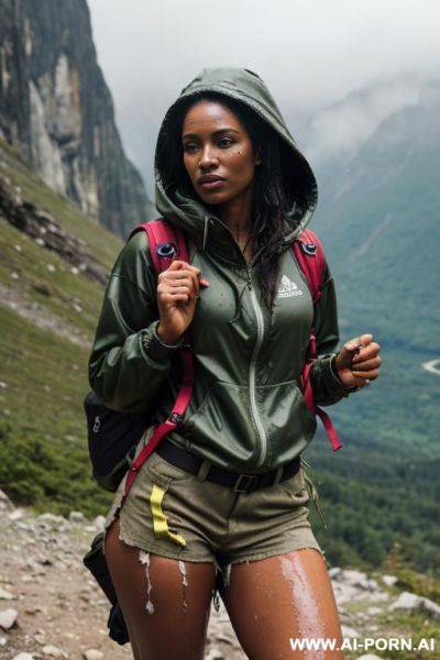 Hardworking brown skin ebony woman. covered in oil and watery skin. horrible clothes, tattered clothes. flesh and soft thighs. exposed thighs. skirt below thighs. higher waist closer to chest. very - ai-porn.ai on pornintellect.com