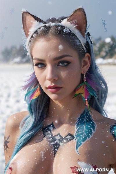 Face, sexy, beautiful, ((face painting)), ((bikini as seashell)), ((tattoo roses)), ((eyes shw)), ((angel wings)), ((rainbow hair)), ((long bu hair)), ((wind)), (( cat face)), (( cat ears)), (((feather - ai-porn.ai on pornintellect.com