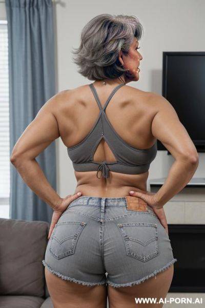 Back view, big ass, 0 year old grandmother, full body, standing, short grey hair, lady, clearly visible age marks, triangular hips, thick thighs, hands on hips, denim shorts, grey bikini, living room in front of the television - ai-porn.ai on pornintellect.com