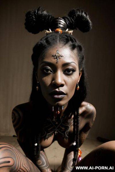 ((voodoo priestess)), (dominant face, dark makeup), (voodoo tattoos), (completely naked, kneeling over camera, arms bound behind), (voodoo scene), (pov, closeup on pussy) - ai-porn.ai on pornintellect.com