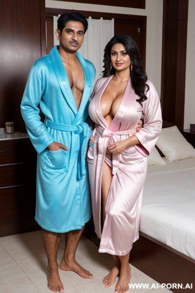 Creat an image of a indian milf, age 32, wearing sexy bathrobe, standing with 2 male s of age 18. both are holding boobs of milf - ai-porn.ai - India on pornintellect.com