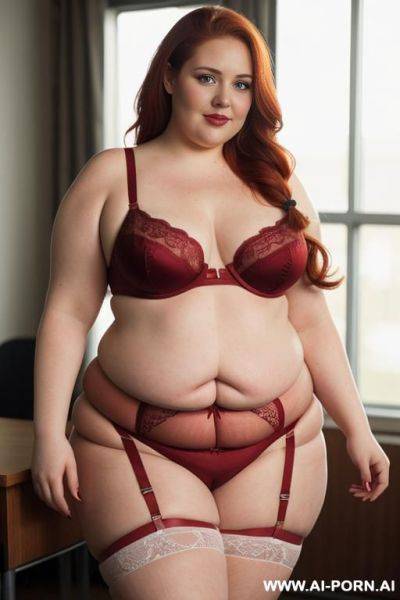 Half body photo shot close up. about at classroom. a ((british obese)) fat bbw redhead, thick with love medium handless. wearing a red sexy and hot garter belt lingerie. dynamic angle. - ai-porn.ai - Britain on pornintellect.com