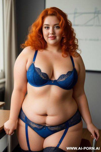 Half body photo shot close up. about at classroom. obese fat bbw, thick with love handless. wearing a orange sexy and hot garter belt lingerie. dynamic angle. - ai-porn.ai on pornintellect.com