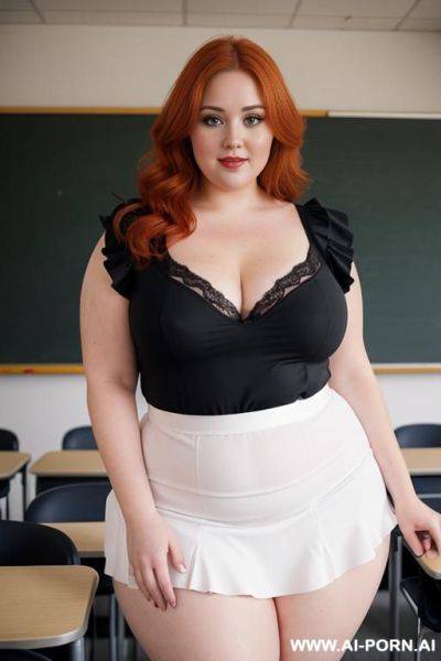 Full body photo shot, about at classroom, so chubby and so fat bbw curvy teacher, wearing a sexy and hot micro red ruffle microskirt and elegant micro garter belt top, speaking to the classroom. - ai-porn.ai on pornintellect.com