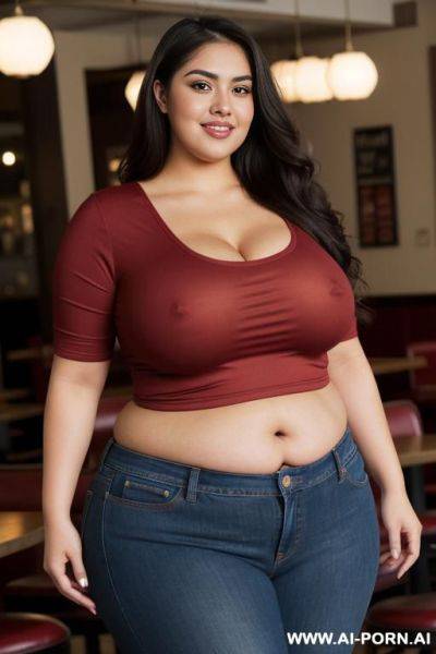 Very obese, rotund, supermodel face, mexican, chola, pear shaped body,, pizza parlor, tight clothes, red shirt, extra thicc, fat woman, extremely plump, huge hips, heart shaped ass, surprised look - ai-porn.ai - Mexico on pornintellect.com