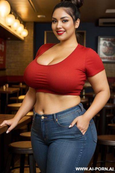 Supermodel face, mexican, chola, pear shaped body,, pizza parlor, tight clothes, red shirt, big tummy, fat woman - ai-porn.ai - Mexico on pornintellect.com