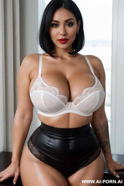 Sexy woman, horny milf, hot mom, tanned skin, detailed skin, gorgeous face, beautiful eyes, full lips, red lips, beautiful features, skin, horny woman, fuck me eyes, great tits, busty cleavage, - ai-porn.ai on pornintellect.com
