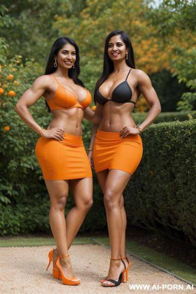 Two indian women, fit, abs, curvy, muscular arms, big ass, tall, long legs, navel piercing, orange bra, orange pleat skirt, looking at camera, full body, stiletto, in garden, next to each other - ai-porn.ai - India on pornintellect.com