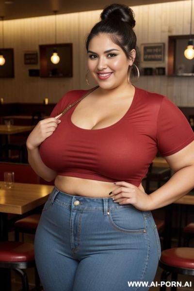 Fat plump body, big belly, supermodel face, mexican, chola, pear shaped body,, pizza parlor, tight clothes, red shirt, big tummy, fat woman - ai-porn.ai - Mexico on pornintellect.com