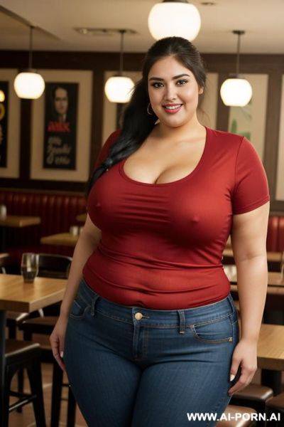 Very obese, rotund, supermodel face, mexican, chola, pear shaped body,, pizza parlor, tight clothes, red shirt, extra thicc, fat woman, extremely plump, huge hips, heart shaped ass, surprised look - ai-porn.ai - Mexico on pornintellect.com