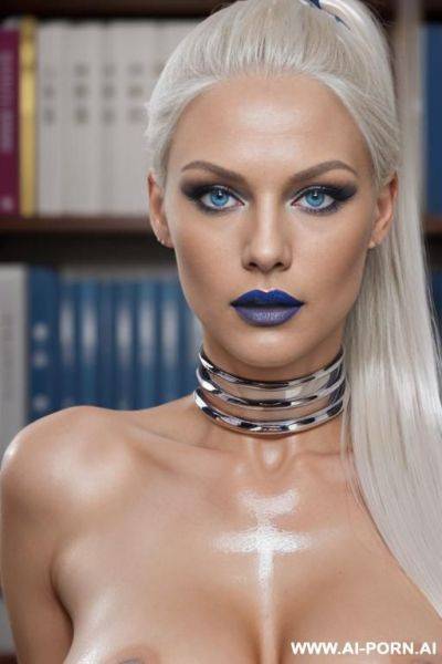 ((german top model)), (natural body, long straight platinum blonde ponytail hair, bright blue eyes, massive fake tits, slutty makeup), (dominant face), (completely naked), (closeup), (pov, bookstore scene, legs spread for sex), (solid chrome neck collar) - ai-porn.ai - Germany on pornintellect.com