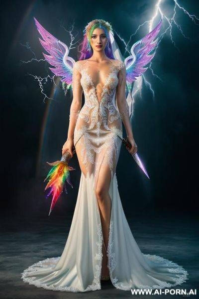 Extremely tall supermodel cutie, slender, skiny, completely naked, super long legs, ((very long hair)), goddess of lightning, ((whole body covered in lightning)), bad weather, epic, (((fantasy rainbow - ai-porn.ai on pornintellect.com