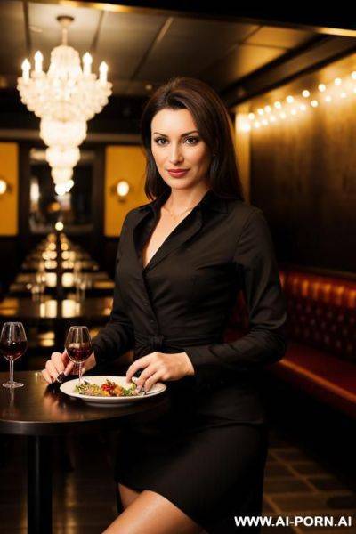 Woman standing in modern restaurant lobby, dark lighting, black outfit clothes - ai-porn.ai on pornintellect.com