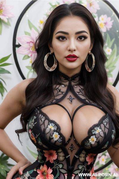 Garden flowers, floral dress, ((looking at camera)) (((ahegao))) ((eye contact)) ((gorgeous model)) (((full lips))) (hoop earrings) (((hourglass figure))) (flowing hair) (very pretty face) - ai-porn.ai on pornintellect.com