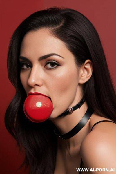 Ball gag in mouth, mouth shut, ball gag is red sphere - ai-porn.ai on pornintellect.com