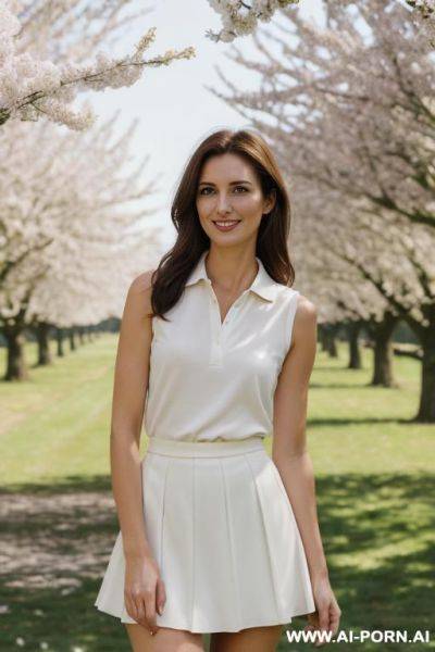 Woman standing in park, (pretty face), (soft flirtatious smile), (inviting eyes), , skin, white outfit clothes, sleeveless polo - ai-porn.ai on pornintellect.com