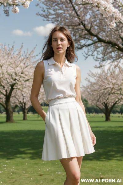 Woman standing in park, (pretty face), white outfit clothes, sleeveless polo - ai-porn.ai on pornintellect.com