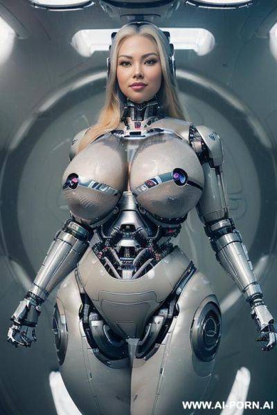 (((super realistic))) ((front view)) (((beautiful cyborg woman))) (((sexy cyborg woman))) ((chinese)) ((blonde)) (((long thick hair))) (((perfectly beautiful face, sexy plump lips))) (((huge expressive sexy - ai-porn.ai - China on pornintellect.com