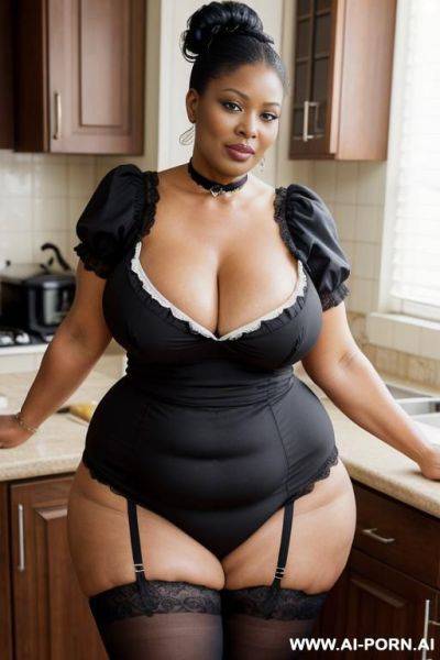Obese matured very old black gilf, very fat, very large hips, very plump, extra thicc, wrinkles, wrinkled skin, aging marks, hair bun, french maid outfit, french maid, maid, soubrette, extremely gigantic boobs, choker, perfect eyes, kitchen, waist shot - ai-porn.ai - France on pornintellect.com