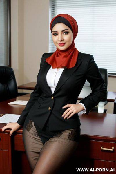 Seductive arabic woman with curved hips wearing headscarf and accountant outfit in secretary desk - ai-porn.ai on pornintellect.com
