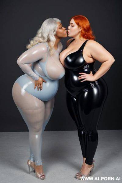 A black obese fat woman with gigantic huge boobs, grey hair, in transparent grey latex catsuit kissing a white obese fat woman with gigantic huge boobs, ginger hair, in transparent blue latex nightgown. - ai-porn.ai on pornintellect.com