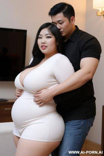 Create image of a short man carrying on an obese asian woman with huge thighs - ai-porn.ai on pornintellect.com