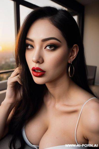(ahegao) (((gorgeous model))) (((full lips))) (hoop earrings) (((hourglass figure))) (((long flowing hair))) ((very pretty face)) - ai-porn.ai on pornintellect.com