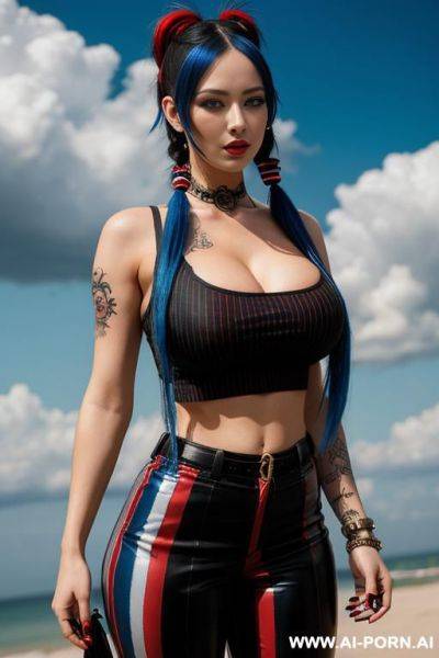 Blue clouds tattoo on right arm, black sleeveless crop top, black and red striped pants, very long hair, steampunk - ai-porn.ai on pornintellect.com