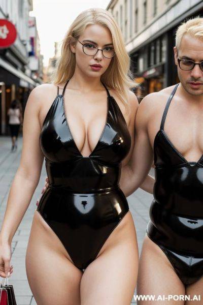 Couple, behind eachother, kinky, blonde, fat, black latex leotard, (cum:1.3), (closeup:1.1), walking, shopping street - ai-porn.ai on pornintellect.com