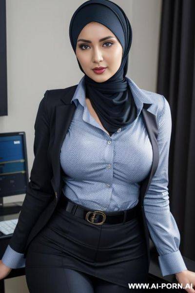 Medium full shot, alluring thighs, wide hips, big boobs, hijab, no shirt, no uniform, no jacket - ai-porn.ai on pornintellect.com