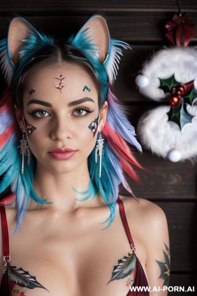 Face, sexy, beautiful, ((face painting)), ((bikini as seashell)), ((tattoo roses)), ((eyes shw)), ((angel wings)), ((rainbow hair)), ((long bu hair)), ((wind)), (( cat face)), (( cat ears)), (((feather - ai-porn.ai on pornintellect.com
