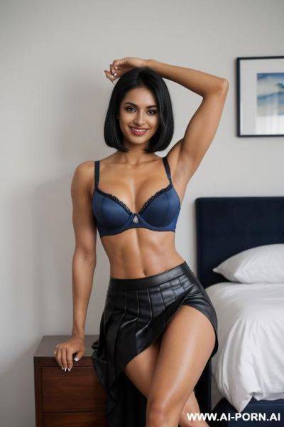 Indian, short hair, fit, abs, arm up, muscular arms, big ass, tall, long legs, navel piercing, sapphire bra, sapphire pleat skirt, looking at camera, full body, stiletto, in bedroom, sitting cross-legged - ai-porn.ai - India on pornintellect.com