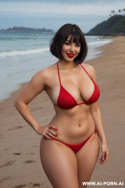 Tall chilean woman, bobcut brunette hair, black eyes, gorgeous face, thick lips, red lipstick, long eyelashes, massive boobs, waist, abs, huge ass, thick legs, wide hips, smiling, beach, full body picture, standing up, red micro bikini - ai-porn.ai - Chile on pornintellect.com