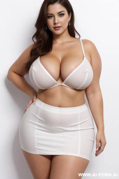 Wide hips, thick thighs, blouse, skirt, posing, nipple outline, cleavage, exposed vulva, front view, white background - ai-porn.ai on pornintellect.com