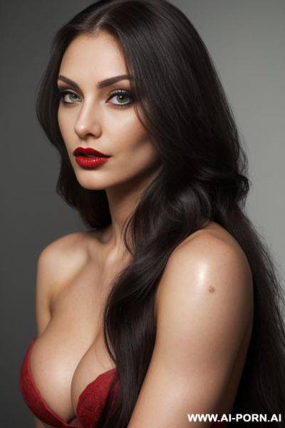 ((very long hair)) ((see trough micro-sized-shirt)) ((black dark background)) ((depth of field)) ((soft skin)) ((evening makeup)) ((look into camera)) (ideal facial ratios) (flirty and sexy energy) - ai-porn.ai on pornintellect.com
