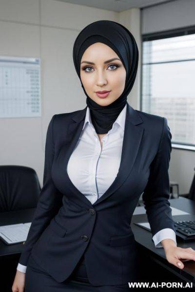 Medium full shot, alluring thighs, wide hips, big boobs, hijab, office, naked - ai-porn.ai on pornintellect.com