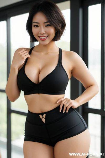 Pretty, asian woman, smiling, short hair, tits, hourglass figure, ((wide hips)), thick thighs, yoga shorts - ai-porn.ai on pornintellect.com