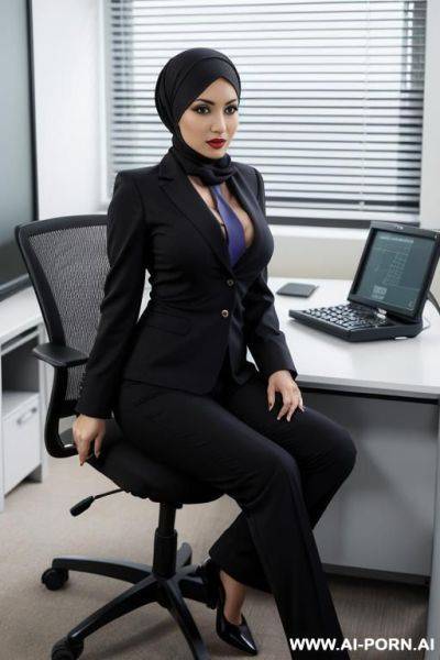 Medium full shot, alluring thighs, wide hips, big boobs, arabic, headscarf, office - ai-porn.ai on pornintellect.com